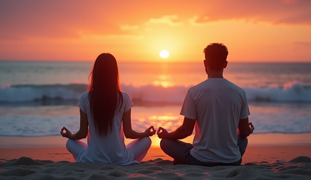 Generate a life picture of a man, woman and a  seated at a beach under a setting sun in meditation. The picture should be attractive and have contrasting colors 