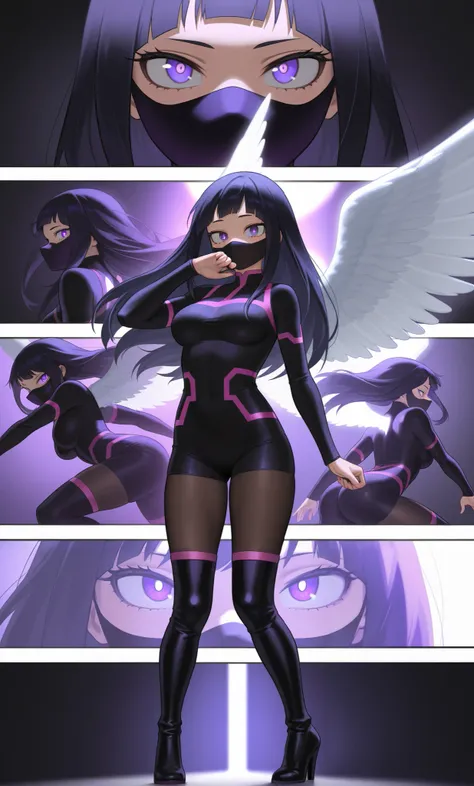 My hero academia anime girl with long hair,straight thick black hair with bangs, pretty purple eyes, with pretty long eyelashes, shes wearing a my hero academia hero outfit, black romper skin tight with sleeves, purple accents , black heeled boots, big whi...