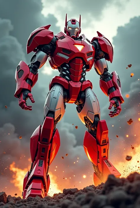 Red white armor. Mediva concept. Iron man Samurai Optimus Prime, robot warrior, leaping against dark cloudy sky, intense battle background, dynamic explosion effects, cinematic lighting, highly detailed, 8K, (best quality,4k,8k,highres,masterpiece:1.2),ult...