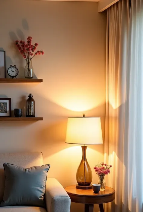 A living room wall with an aesthetic decor and a lamp. Realistic no fancy but good to see you can use clock for decor or similar things. Size : one should be 16:9 and other 9:16. No sunlight 