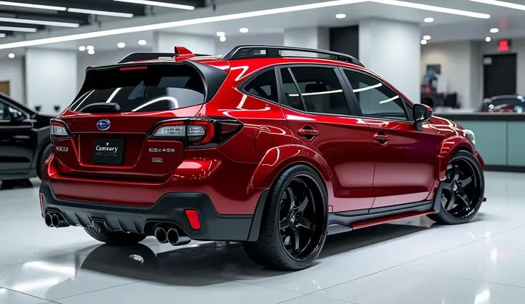 create an ultra-detailed 3D render, close-up  side view of a modern 2025Subaru outback with a bold design captured from close side view. The car should feature a Gleamy glossy painted Bloody Red color with a subaru logo on its back and sleek taillight . Th...