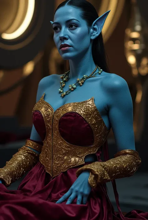 Photo of a gorgeous sexy alien princess on an alien planet. She has pointy ears. She is wearing a sci-fi princess gown. She is sitting in her royal quarters on a sci-fi planet. She has a slim waist. Gorgeous navi alien. She is an alien. Skinny waist. She i...