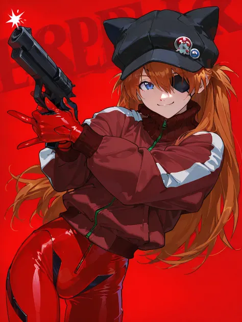  top quality , masterpiece,         ,           1 girl,   ,          viewers,  ,      smile,,         Neon Genesis Evangelion 、        Shikinami Asuka Langley、       red jacket ,  red plug suit under jacket, Cat hat,         eye patch,   cowboy shot、Pop Ba...