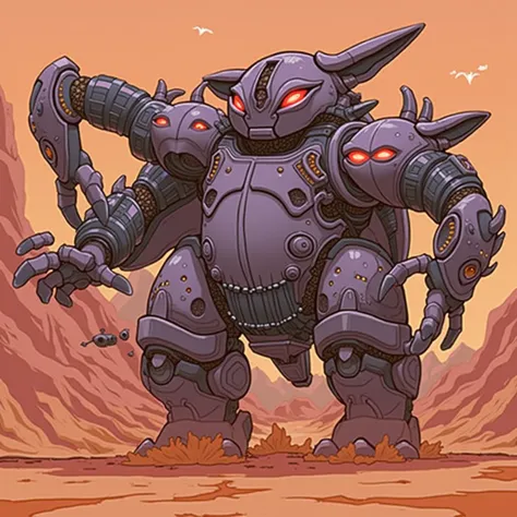 A giant, floating disembodied three-headed sentinel robot with red eyes, purple, no body, floating robot head 