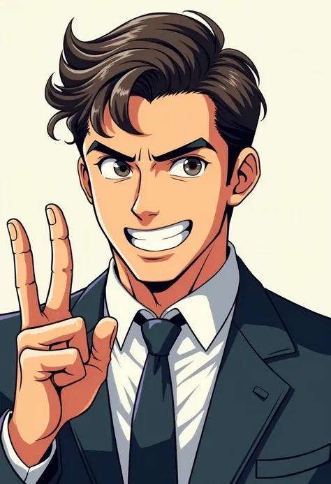 Create a drawing of a handsome guy wearing a office suit with a tie, his lifting only one finger, show only his face, in a manga style 