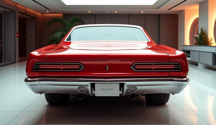 A futuristic 1969 Plymouth Fury in a vibrant metallic red color, captured from the front  view in a modern showroom. The car features aggressive rear taillights with sharp LED strips, a bold rear diffuser, and polished chrome accents, enhancing its sporty ...