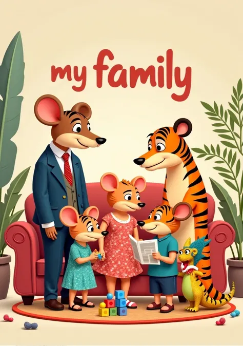 Create a background image with funny cartoon animals including: Father mouse, mother mouse, sister tiger, brother tiger and sister dragon with text: "My family"