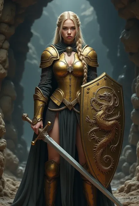 Close-up shot focus on a viscious female warrior, 21 years old, with a fair complexion, stands in the middle of a dark, rocky cave environment. She has long, loose, blonde braid hair that cascades down her back. Her golden templar outfit is elaborate, a me...