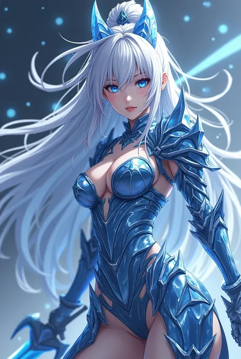 a picture of a anime character with a sword and a sword, sliver ice color reflected armor, ice crystal armor, the queen of blades, scary sharp icy, chaos nightmare ❄️ amour venom, gapmoe yandere grimdark, this character has cryokinesis, detailed key anime ...