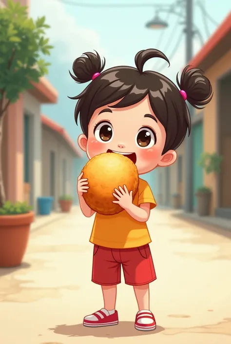 Clip art of a cartoon character girl eating a fried siopao golden brown outside while holding it 