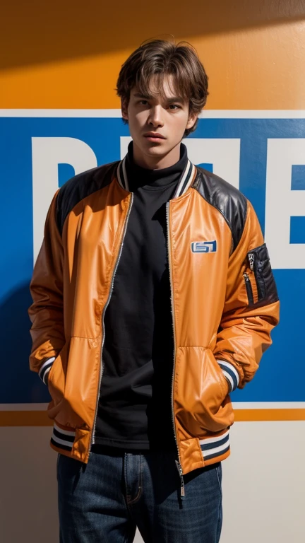 solo , 1man ,  American man Standing , orange Warm-up jacket , look at the viewer 