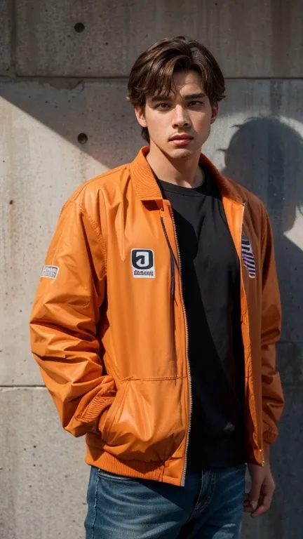 solo , 1man ,  American man Standing , orange Warm-up jacket , look at the viewer 