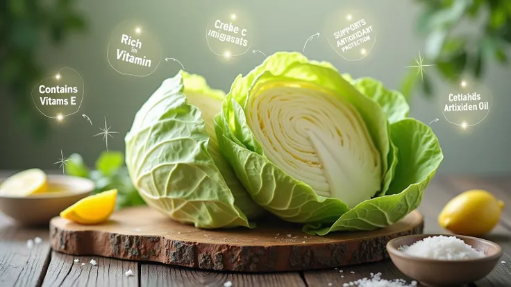 "An educational and vibrant image showcasing a fresh, whole cabbage, emphasizing its high content of antioxidants like vitamin C and vitamin E. The cabbage is placed on a rustic wooden cutting board, with some leaves peeled back to reveal its crisp and vib...