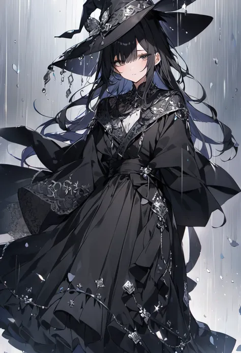 The Rain Witch、Black Hair、 Long Skirt 、Black Robe、leisurely、Silver decoration、Im hiding my face with a hat