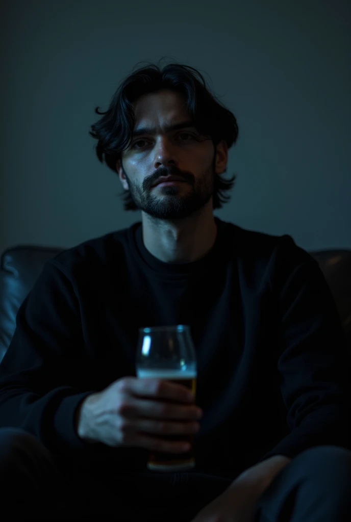 Lonely and melancolic man sitting on a couch, man with black sweatshirt, mid long hair, short beard, sad view.
The scene is just illuminated by the tv, the room is dark and the man holds a beer on his hand.