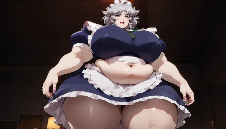 masterpiece、 best quality， very sophisticated、 pantyhose ，（from below ：1.25），Sakuya izayoi，East，alone，Maid head dress、Maid，apron，Short sleeve， dress, Gray Hair, chubby, obese, gigantic arms and legs, large breasts open mouth, sexy elegant pose to the viewe...