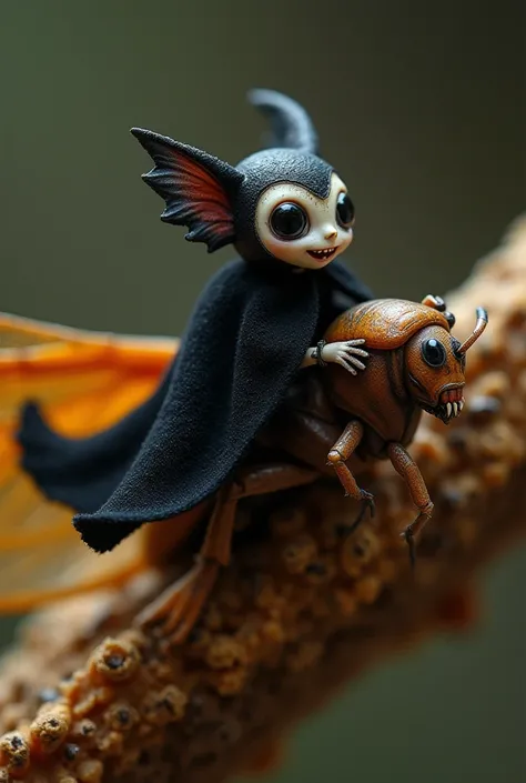 Macro photography of a tiny vampire with a black cape and sharp teeth riding a cicada, holding a small golden chalice, with fine details on the insects wings and the texture of the vampires cape, dramatic lighting with contrast between deep shadows and gol...