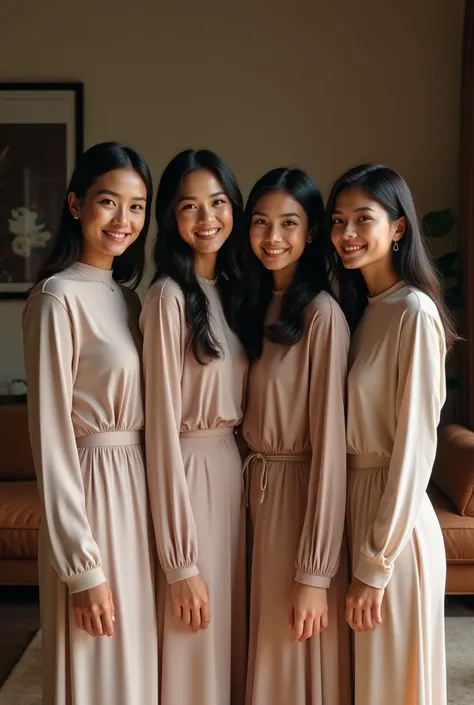 "Create a family photo featuring exactly five adult women (no men, ren, or babies). The group consists of:

One 50-year-old woman with black hair, wearing a modest, elegant outfit, without any head covering.
Two 25-year-old women with black hair, both dres...