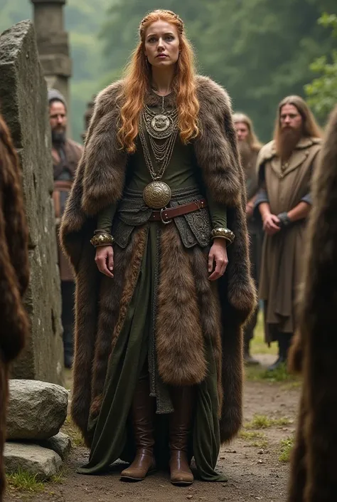 Boudicca in a ceremonial setting, wearing an elaborate Celtic cloak made of animal pelts, standing beside sacred stones. She is surrounded by druids and her royal council, ready to discuss the fate of her people."