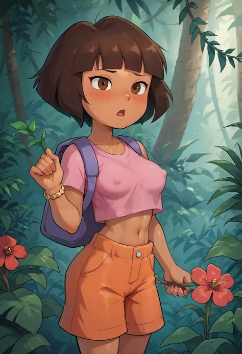  solo, cute, medium breasts, Dora, bedroom eyes, open mouth frown, (red blushing), blush lines, holding a flower, red flower, brown eyes, in a jungle outdoors, dark-skinned female, bob cut, (pink shirt), crop top, bare midriff, loose shirt, (orange shorts)...