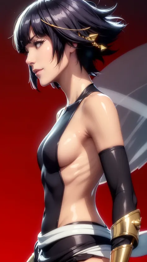 (（（Perfect body,White and tender skin,（（（japanese clothes, sideboob，Black top, Gold belt, black sleeves, black Japanese pants ）））,（（（sui-feng, short hair, short hair with long locks，Black hair））），((masterpiece)),high resolution, ((Best quality at best)),ma...