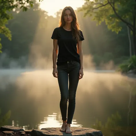 Female model, European descent, wearing a fitted black cotton T-shirt with a normal neckline, paired with dark skinny jeans, standing barefoot on a rock by the edge of a serene forest lake, long wavy brown hair falling over her shoulders, smiling gently, g...