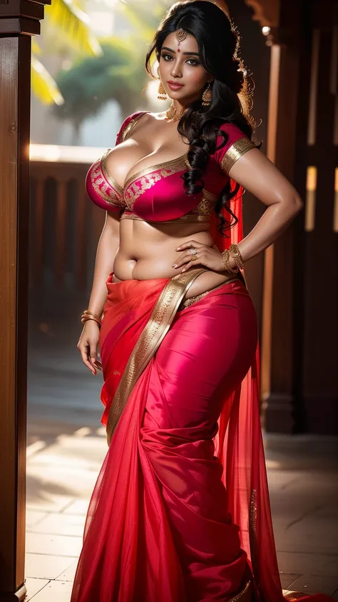  Beautiful cute  tamanna bhatia, with thick thighs and a curvy waist,  wearing a  beautiful saree, ((lowwaist)), (( silky hair)), (( hair)), ((loose  hair)), (( beautiful Indian dress)) , bindi on forehead, highly detailed, depth of field, cinematic lighti...