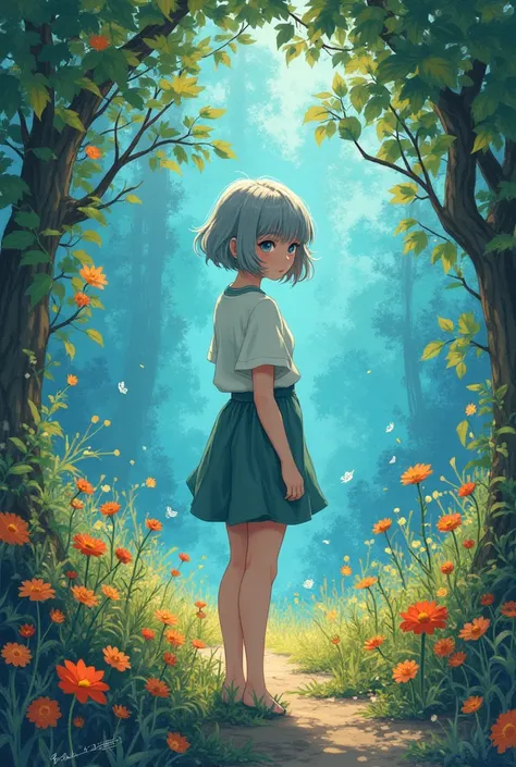 Anime girl, blind girl, van Gogh inspired, short height, not skinny, grey hair, clothes fit scenario 