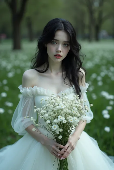 A woman in a white wedding dress with ruffles, very pale skin, European features, blue eyes, black hair, sad and sad expression, white flowers in her hands, open breasts, entourage park