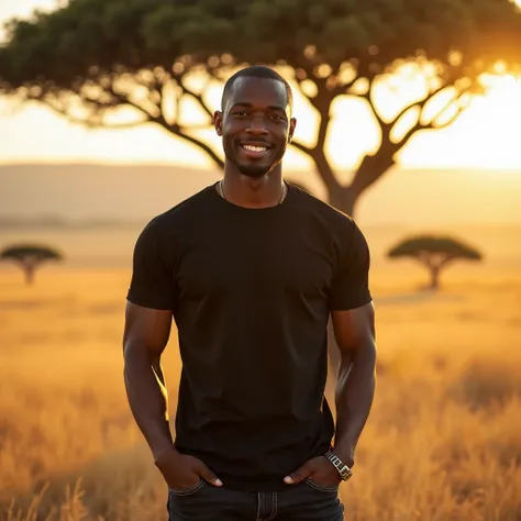 Male model, African descent, wearing a high-quality black cotton T-shirt with a regular neckline, paired with dark slim-fit jeans, standing under the shade of a striking acacia tree, short shaved hair, confident smile, endless golden savanna stretching int...