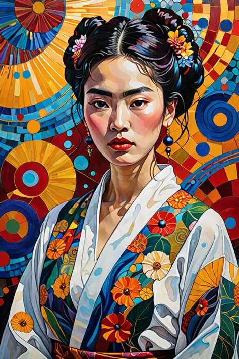  Acrylic Painting, A serene Japanese woman with an wet white shirt, adorned with vibrant, intricate patterns, gazes softly, her expression a blend of subtle melancholy and quiet contemplation, amidst a whirlwind of expressive, textured brushstrokes, as if ...