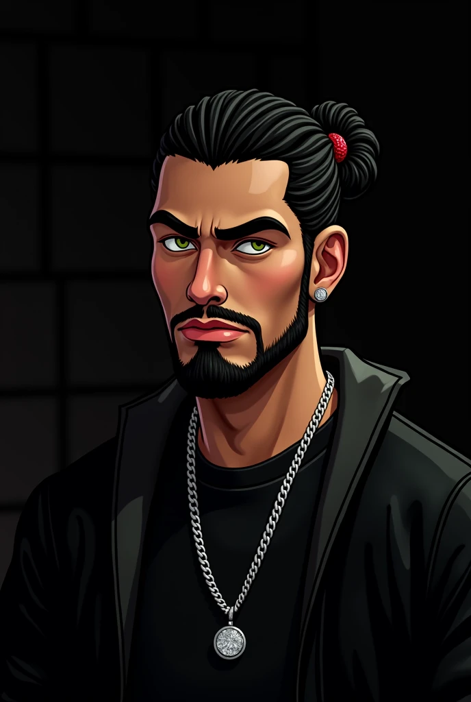 2d animation.   portrait of a man with braided black hair attached to his skull ,  stylized eyebrows and small light green eyes .  Well maintained beard and thin mustache .  Dressed in black with urban style and a diamond chain around his neck.  In the bac...