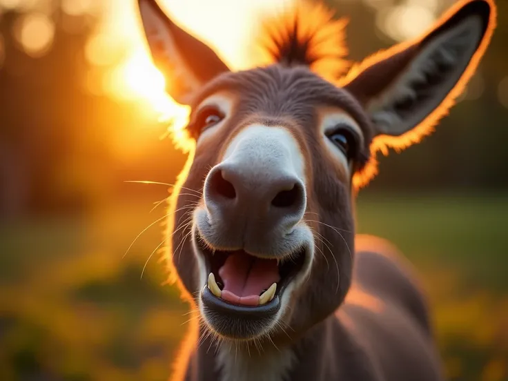 A Donkey Smiling and enjoying. Hyper Realistic, Close up, vibrant color, golden hour, bokeh effect