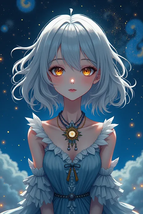 Anime girl, blind, van Gogh inspired, unique clothes, grey hair, starry night