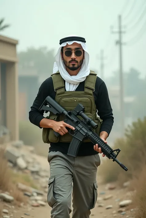 Japanese male, 20 years old, white kufiah,Army green bulletproof vest,Black 3/4 long sleeve casual t-shirt,Gray 3/4 pants,M16 Weapon,Round sunglasses,Walking, front view, zoom camera,The bush backdrop and rubble zone is typical of the Palestinian war,Very ...