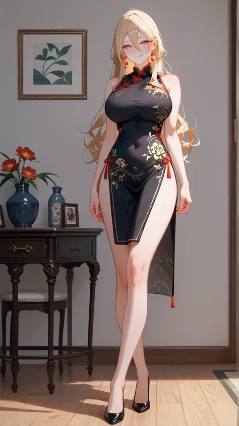 1 Girl,  unique ,  HD, Accurate,  long hair, blond,  Hair Between Eyes ,  Big Breasts ,  blush,  has a seductive smile, heart in eye,  Wearing cheongsam， Full Body Photo ， long legs，Black Silk：1.5， format