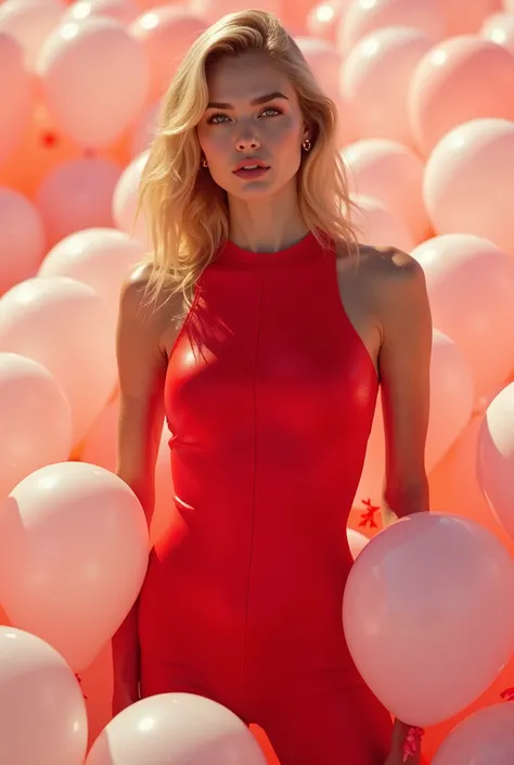 masterpiece, best quality, highly detailed background, perfect lighting best quality,fashion portrait photo of very beautiful young woman from the 80s wearing a red rubber bodysuits standing in the high of a ton of white rubber balloons, taken on a hasselb...