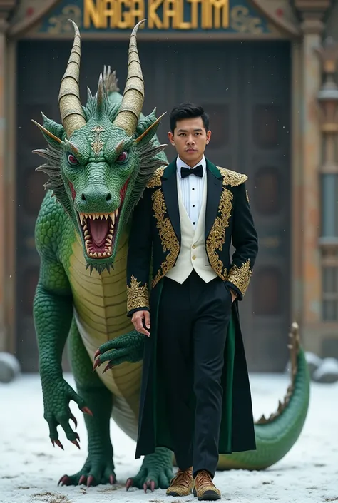 Hyper realistic image of Indonesias 25-year-old male emperor, tall and firm body, full body shot ,  mans face is very clear ,  face facing the camera,  scene featuring a large green dragon roaring angrily,  green dragon must walk with man ,  wearing a blac...