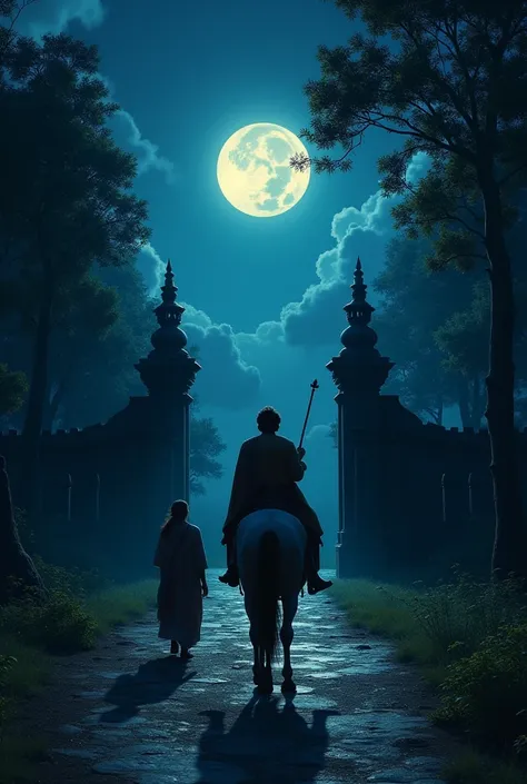 A moonlit night where Prince Siddharth Gautam is leaving his palace on horseback with his attendant Channa. The palace gate is open in the background, symbolizing renunciation, while the forest ahead looks mysterious and inviting."

