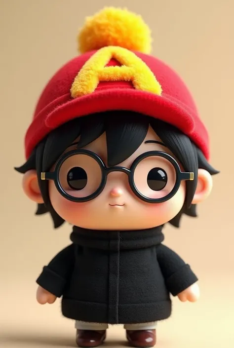 Make an image of a plush toy in the shape of a person , Your hair must be black and have a red hat with the yellow letter  "a" Color yellow and put on some glasses your clothes are a black sweater