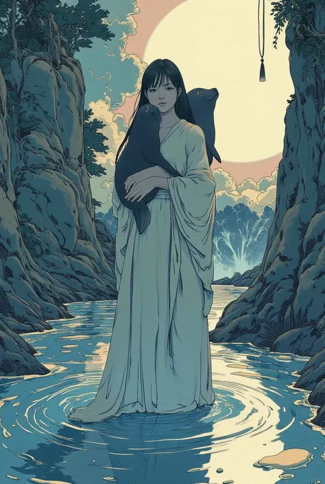 ((line-art Anime, manga aesthetic, highly detailed, vibrant colors, dynamic lighting, soft shading, 8k resolution, masterpiece))、A woman emerging from water, with a seal climbing up beside her to embrace her, symbolizing harmony and connection. The woman h...