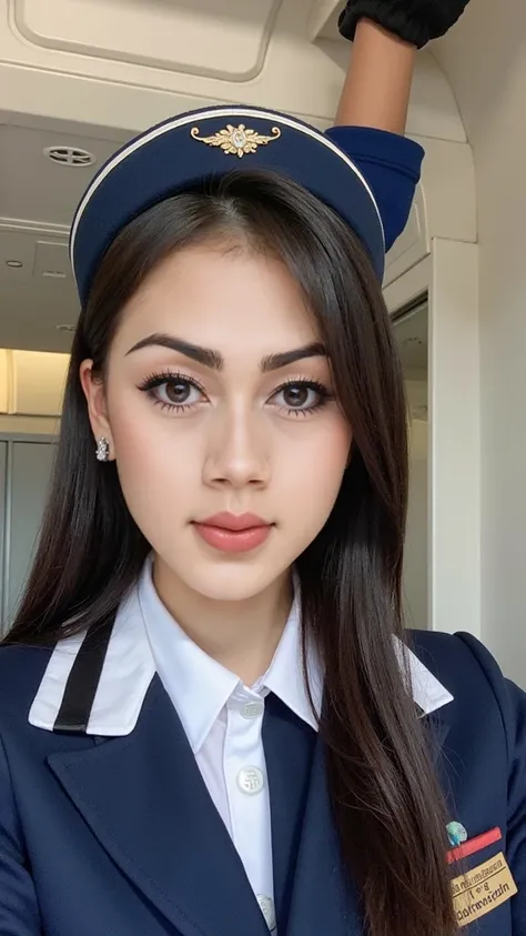 （realistic， high resolution：1.3）， 1 girl with the perfect body， Very detailed face and eyes，long hair with bangs, ：1.2，， big girl , Wearing an air hostess uniform, cliphair and tied headband as ornate on her head, earrings, watermark "purianitha"  --ar 3:2...