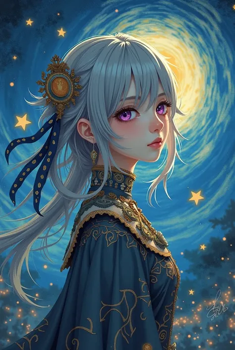 Anime girl, blind, shut eyes, van Gogh inspired, unique clothes, grey hair, starry night