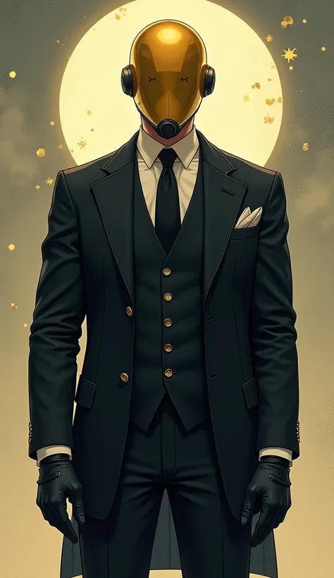   A man wearing an elegant three-piece suit black vest black pants black shirt black tie black gloves black cap shoes gold helmet looking from the front of the full body UKIYO-E,  illustration,  animated,  Animated style , Baroque, arte digital, Futurism, ...