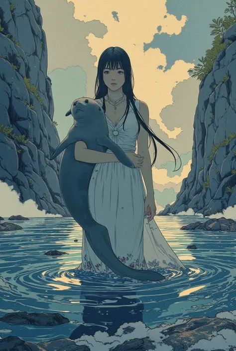 ((line-art Anime, manga aesthetic, highly detailed, vibrant colors, dynamic lighting, soft shading, 8k resolution, masterpiece))、A woman emerging from water, with a seal climbing up beside her to embrace her, symbolizing harmony and connection. The woman h...