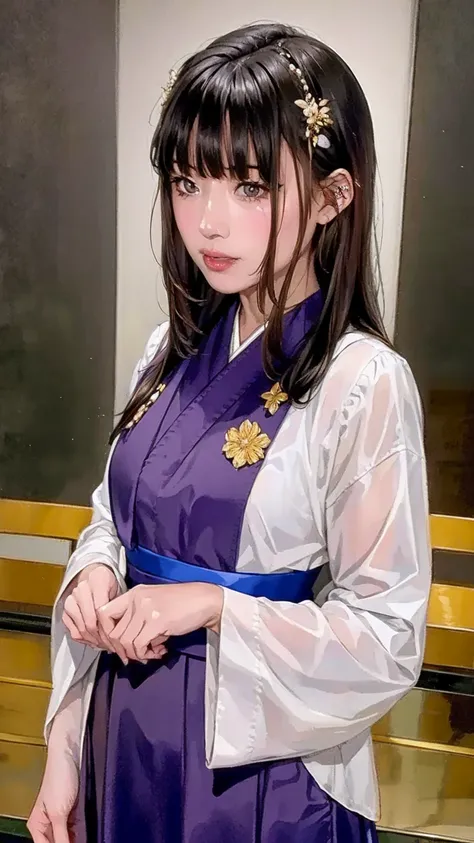 （（（perfect figure，figure，Alone，（（（black robes, sash, hakama skirt）））， （（（What are you doing?, long black hair））），((masterpiece)),high resolution, ((Best quality at best))，masterpiece，quality，Best quality，（（（ Exquisite facial features，Looking at the audienc...