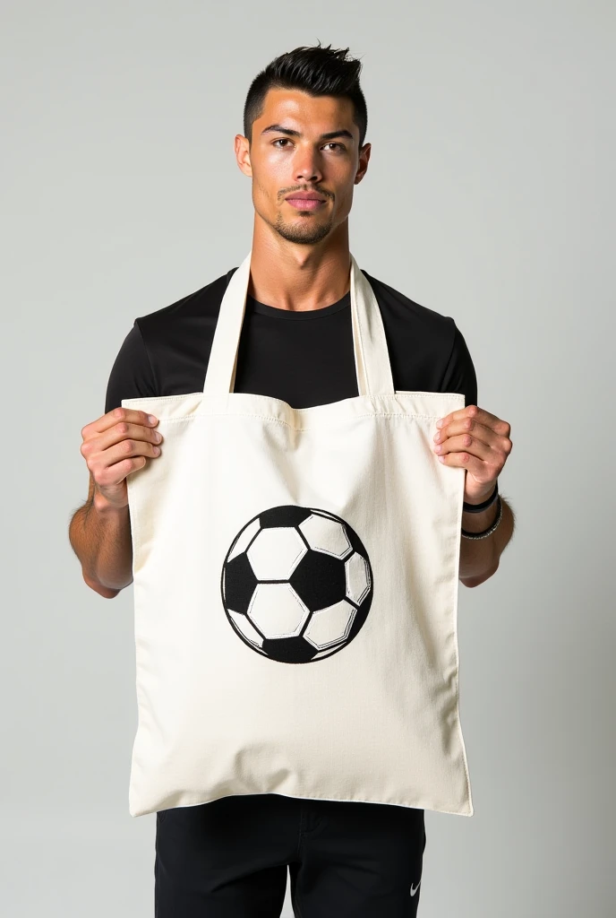 Ronaldo holding rectangle white cloth tote bag with football painted on it