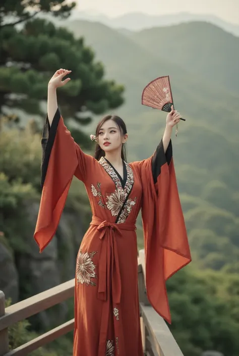 a woman in a kimono dress holding a fan and posing, a statue by Raymond Han, reddit, shin hanga, japanese goddess, gorgeous chinese model, japanese model, beautiful south korean woman, an asian woman, beautiful asian girl, chinese girl, beautiful asian wom...