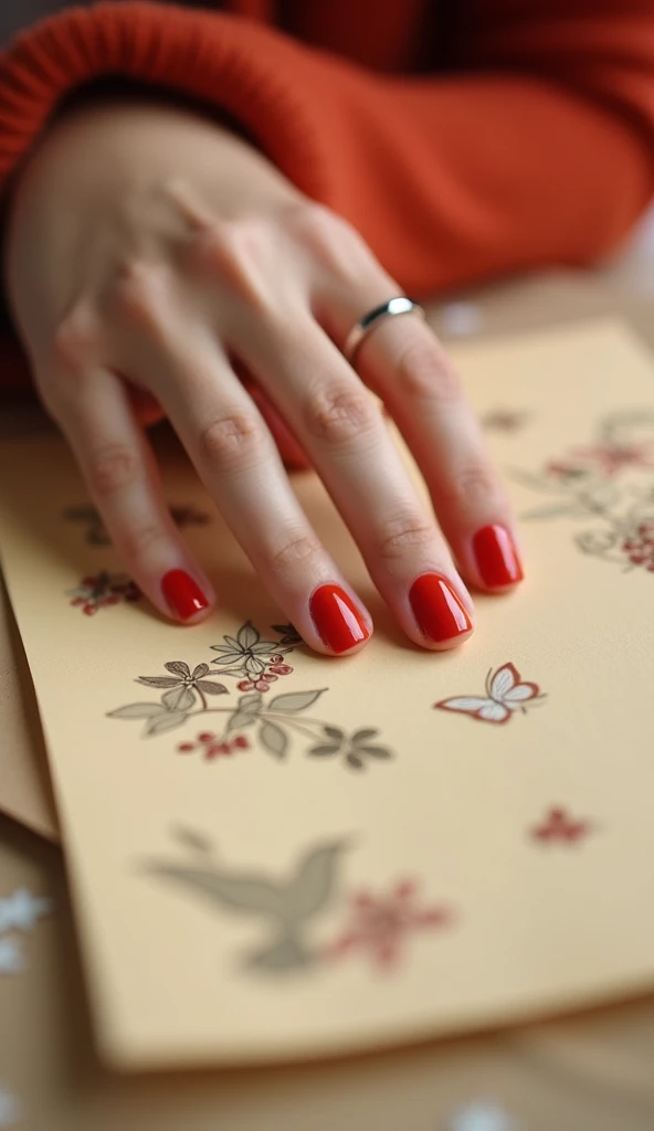 Close-up on thumb on top of a beige piece of paper. The hand has fair skin, wears a silver ring on the middle finger and has nails painted in red, a shade of nail polish. with decorative elements such as dove and butterfly. The background is blurred, showi...