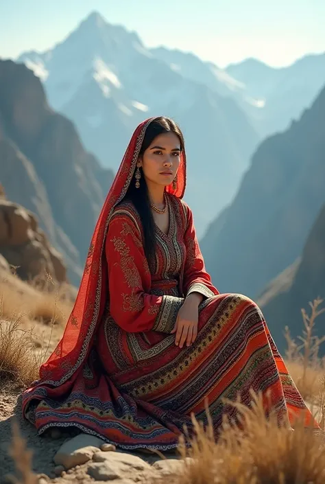 A baloch woman in balochi dress is sitting in mountains 